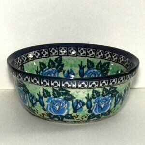 Bolesławiec Polish Pottery UNIKAT Bowl Hand Painted Blue Rose  H. Szynska